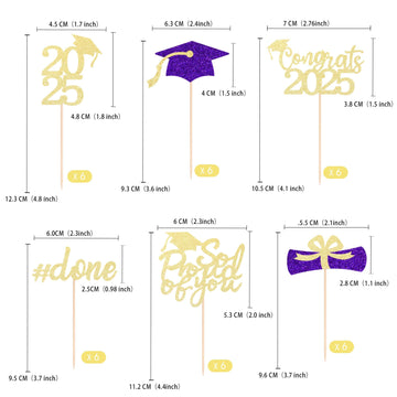 36 Pcs Class Of 2025 Graduation Cupcake Toppers, Gold & Purple Glitter Double-Sided Grad Cap Cake Picks For Party Supplies, 2025
