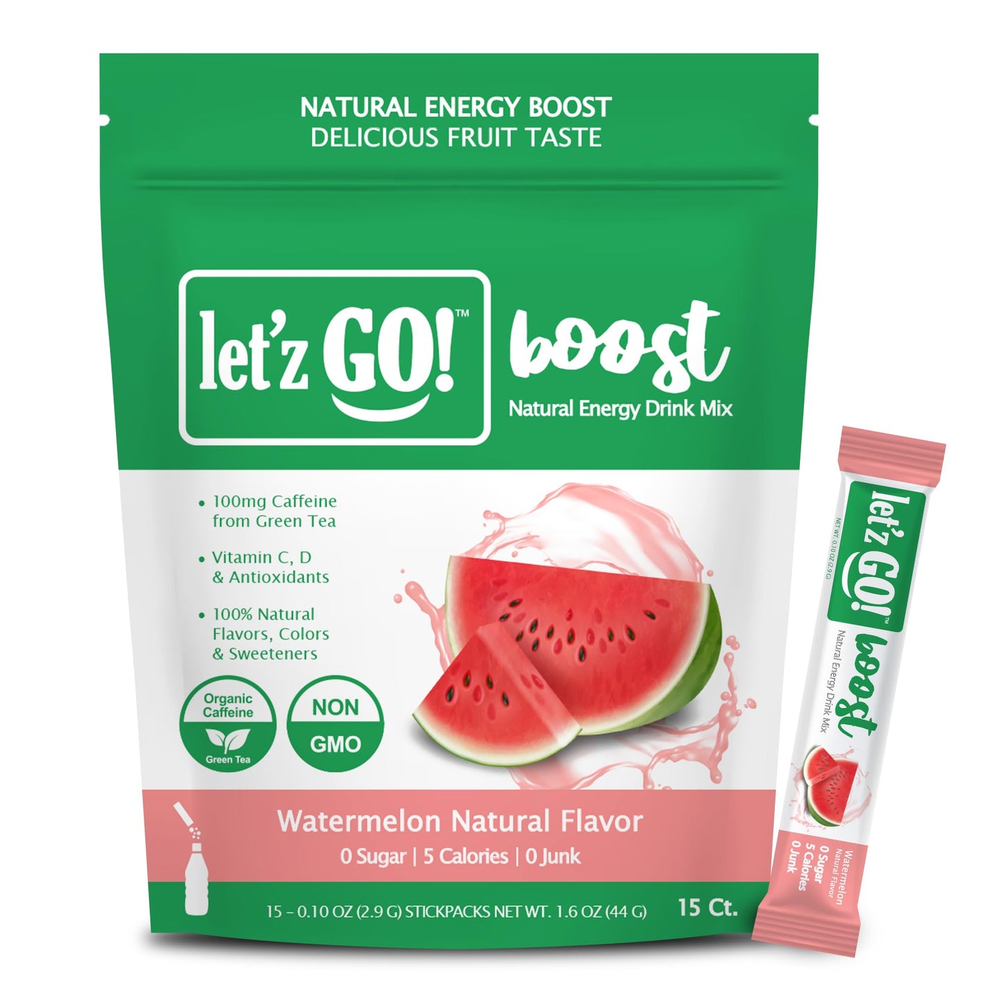 Letz Go! Healthy Caffeine Energy Drink Mix, Sugar Free, 15 Pack, 0.09 Ounce Each, Watermelon Flavor, High in Vitamins C + D, Electrolytes