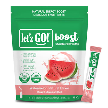 Letz Go! Healthy Caffeine Energy Drink Mix, Sugar Free, 15 Pack, 0.09 Ounce Each, Watermelon Flavor, High in Vitamins C + D, Electrolytes