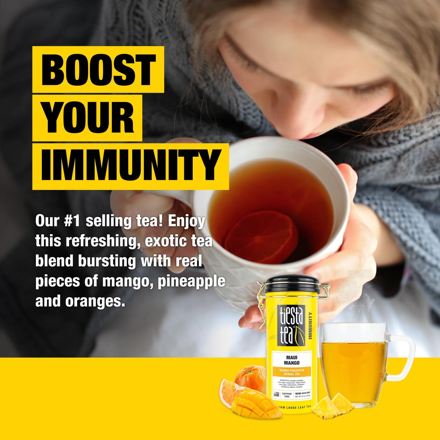 Tiesta Tea Maui Mango | Loose Leaf | Mango Pineapple Herbal Tea | Premium Non-Caffeinated Fruit Blend | Makes Hot Or Iced & Brews Up To 50 Cups | 5.5 Ounce Refillable Tin