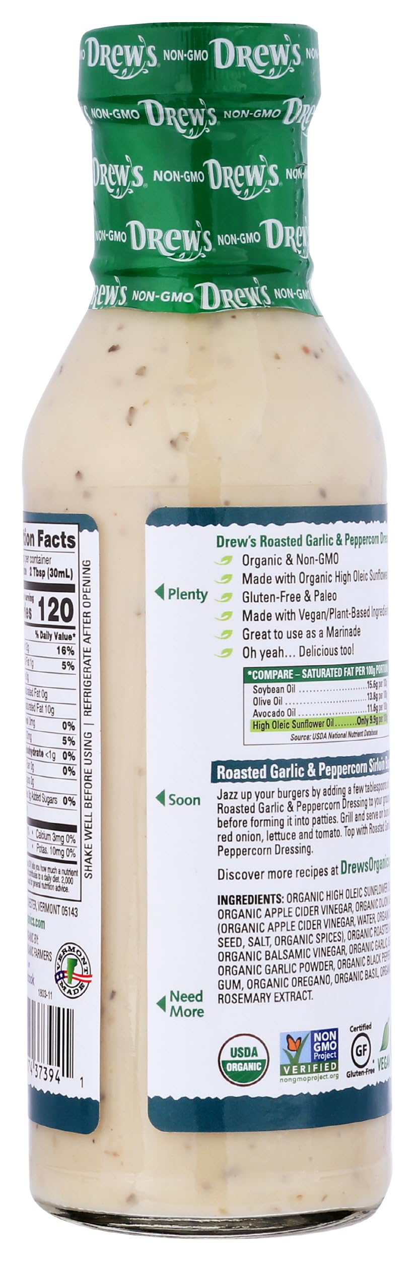 Drews All-Natural Salad Dressing And 10 Minute Marinade Roasted Garlic & Peppercorn 12-Ounce Bottle