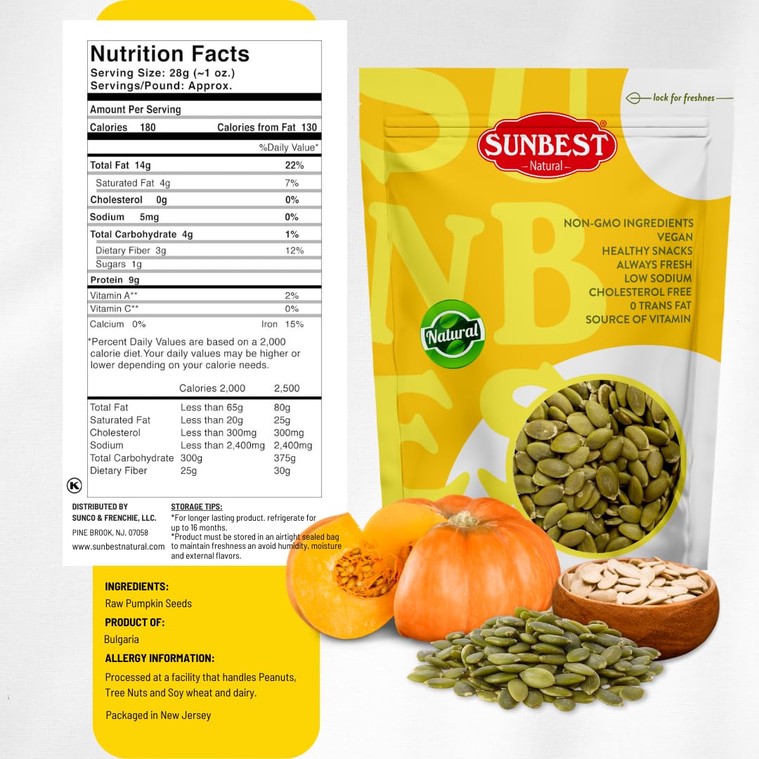 Sunbest Natural - Pumpkin Seeds, Pumpkin Seeds Roasted Salted, Non-Gmo Shelled Pumpkin Seeds, Vegan And Kosher Seeds Snacks, 3 Lbs.