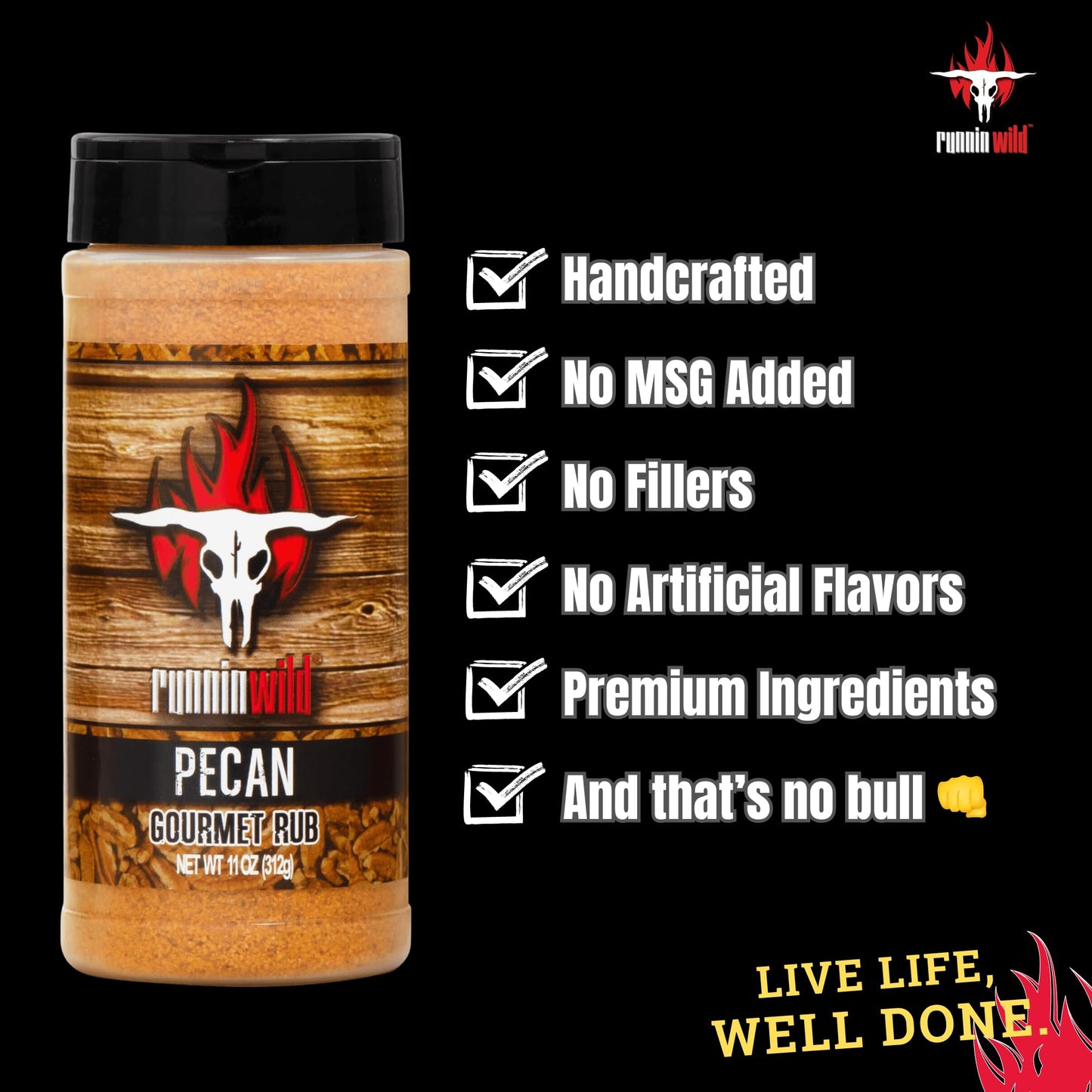 Runnin Wild Gourmet Pecan BBQ Seasoning Rub, No Artificial Flavors, 11 Ounce