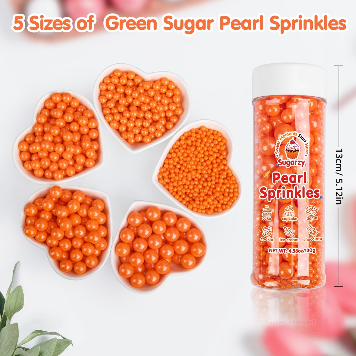 Sugarzy Edible Orange Pearl Sprinkles, Mixed Sizes, 130g/4.58oz, Baking Decorations, Cupcake Toppers, Wedding Party Supplies