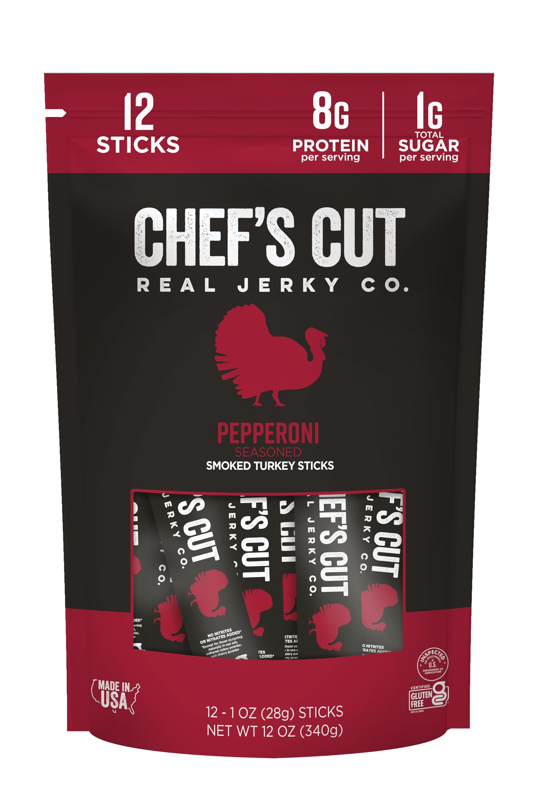 ChefS Cut Rich Flavor Turkey Jerky Meat Sticks  Pepperoni Seasoned (1 Ounce Stick  Pack Of 12) - High Protein  8G Protein  60 Calories  Gluten-Free  Keto Friendly Snack  Low Carb Snack  Individually Wrapped