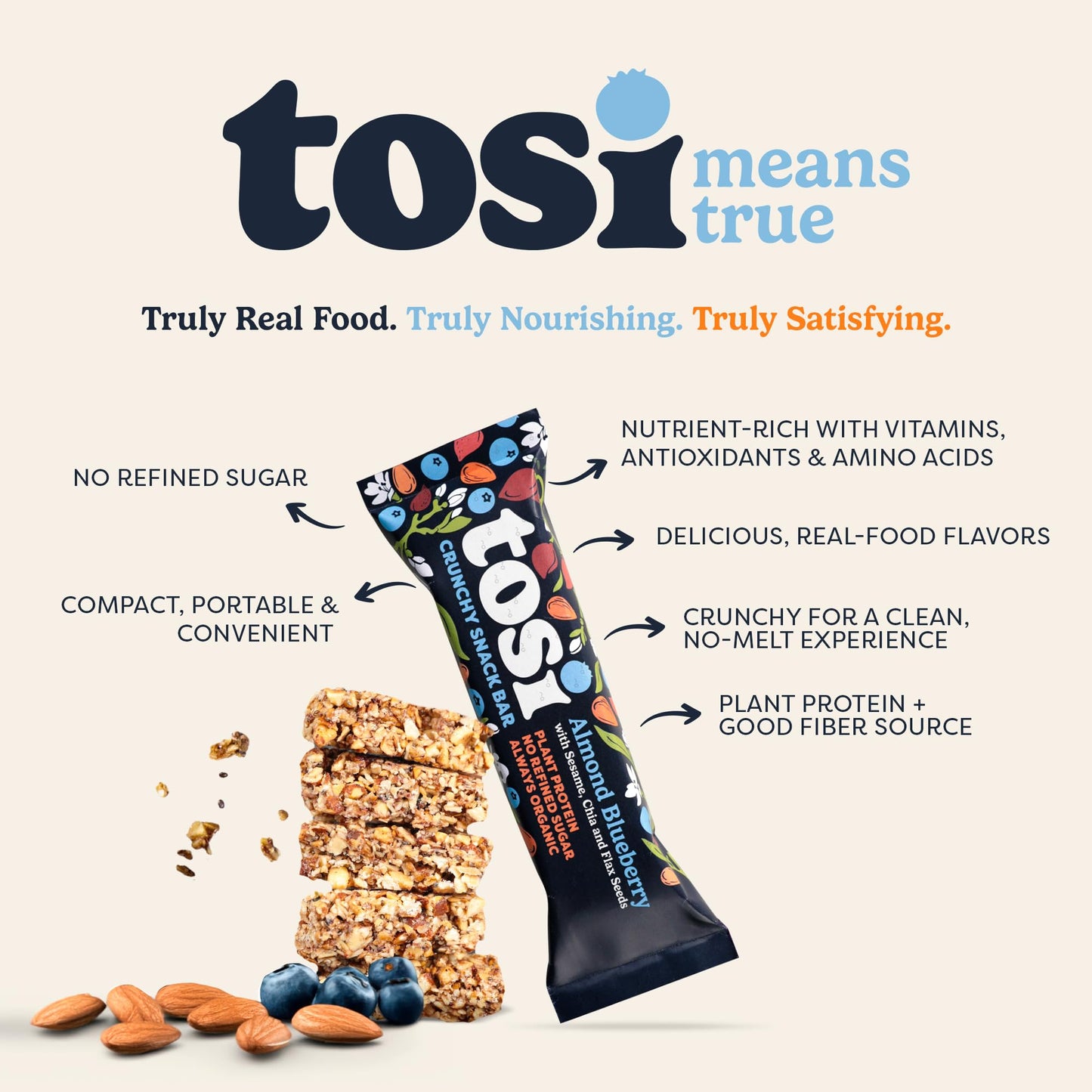 Tosi Almond Blueberry Protein Bars, Vegan, Gluten-Free, 12 Count, Organic, 5G Protein, Soy-Free, Omega 3s