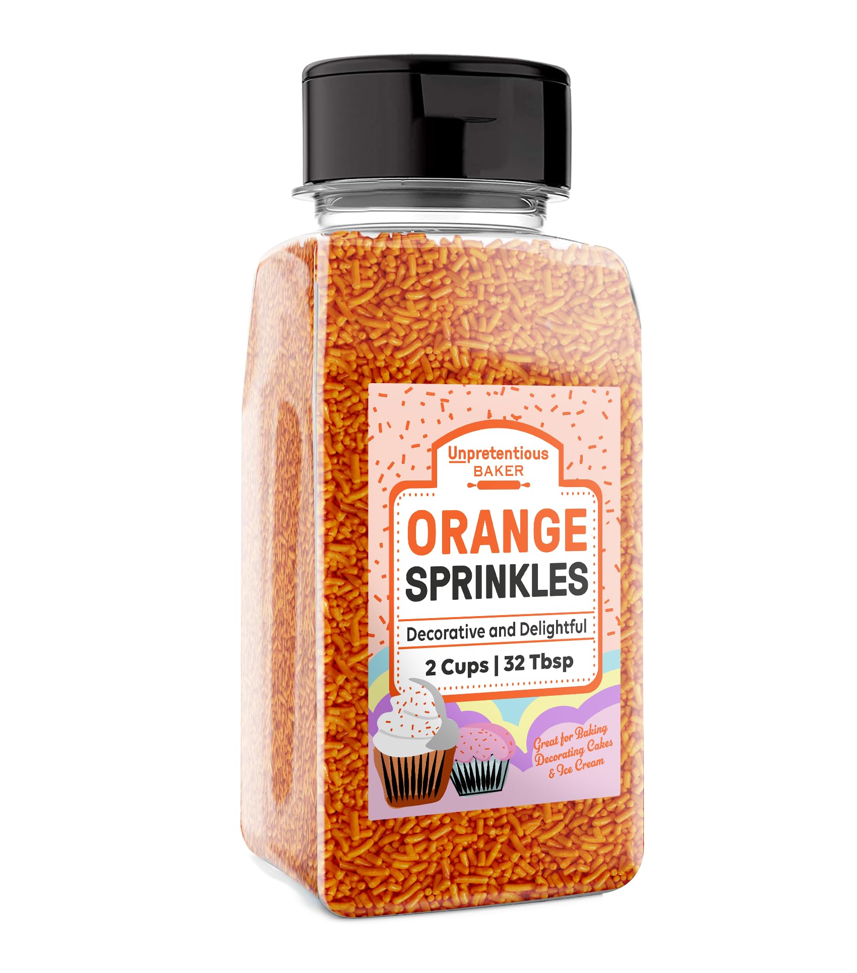 Unpretentious Orange Jimmies Sprinkles (2 Cups), Clear Resealable Shaker, Decorative & Fun Color