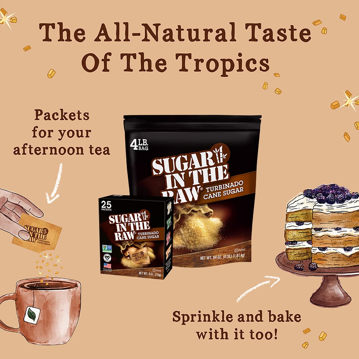 Sugar In The Raw Turbinado Cane Sugar Packets, 25 Ct, Pure, All-Natural Turbinado Sugar, Non-Gmo Project Verified, Kosher, Vegan