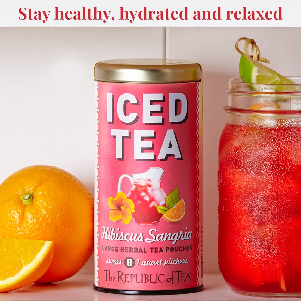 The Republic of Tea Hibiscus Sangria Iced Herbal Tea 8 Count, Pink, Model 16445, Naturally Caffeine Free