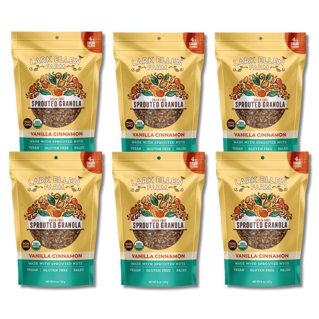 Lark Ellen Farm Vanilla Cinnamon Grain Free Granola Organic, Raw Sprouted Certified Organic Low Sugar Vegan Granola Clusters, Pa