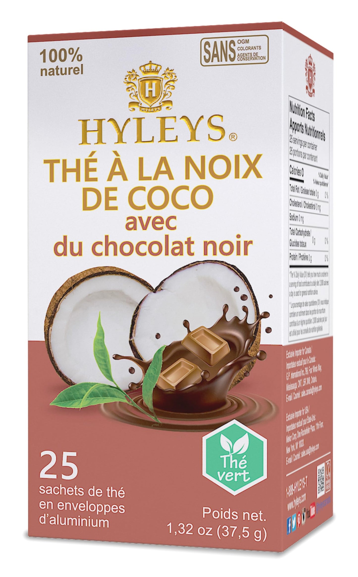 HYLEYS Coconut Tea With Dark Chocolate - 25 Count (Pack of 12) - GMO Free, Gluten Free, Dairy Free, Sugar Free, 100% Natural