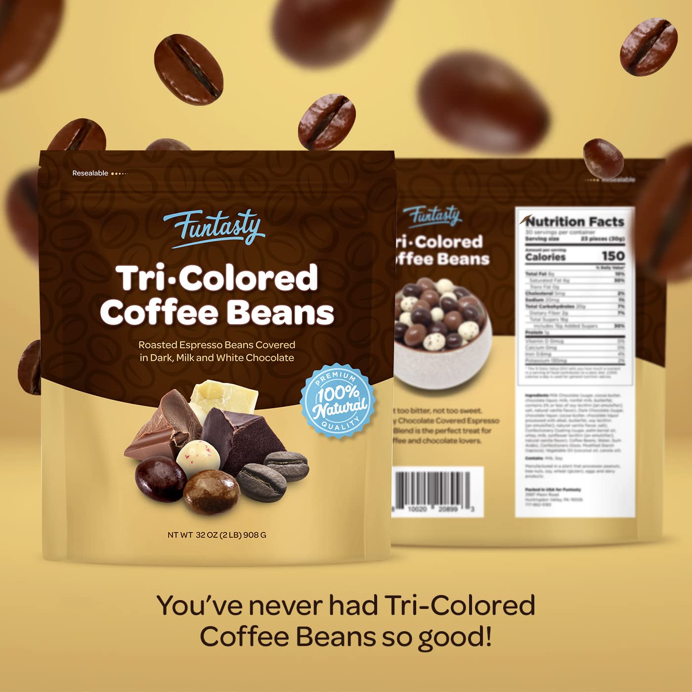 FUNTASTY Chocolate Covered Espresso Coffee Beans, Tri-Colored, 2 Pound Pack