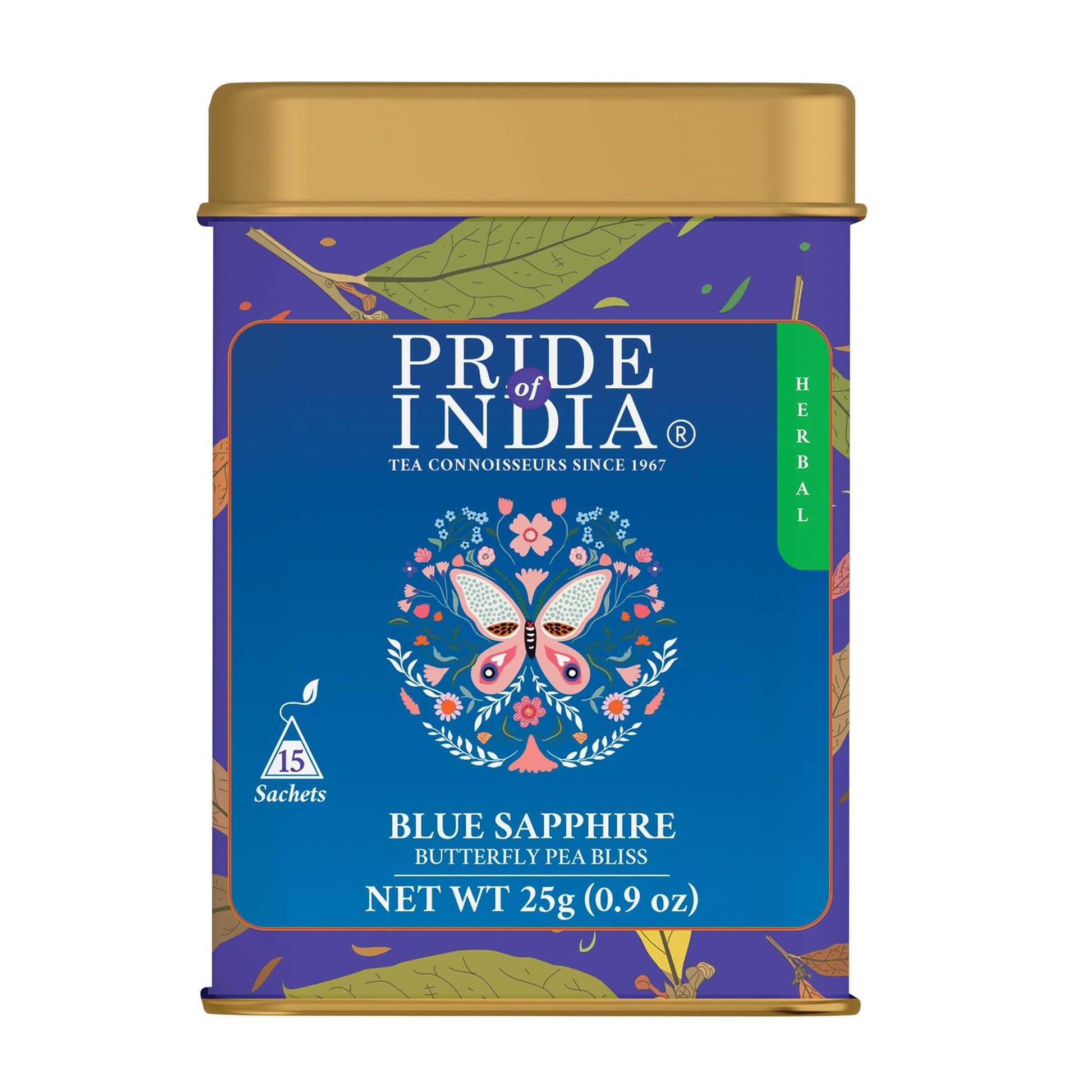 Pride of India | Blue Sapphire: Butterfly Pea Flower Tea 1 oz (28.3 gm) | 100% Pure Butterfly Pea Flower | Mild, Earthy Flavor & Subtle Floral Flavor | enhanced Pyramid Nylon Tea Bags