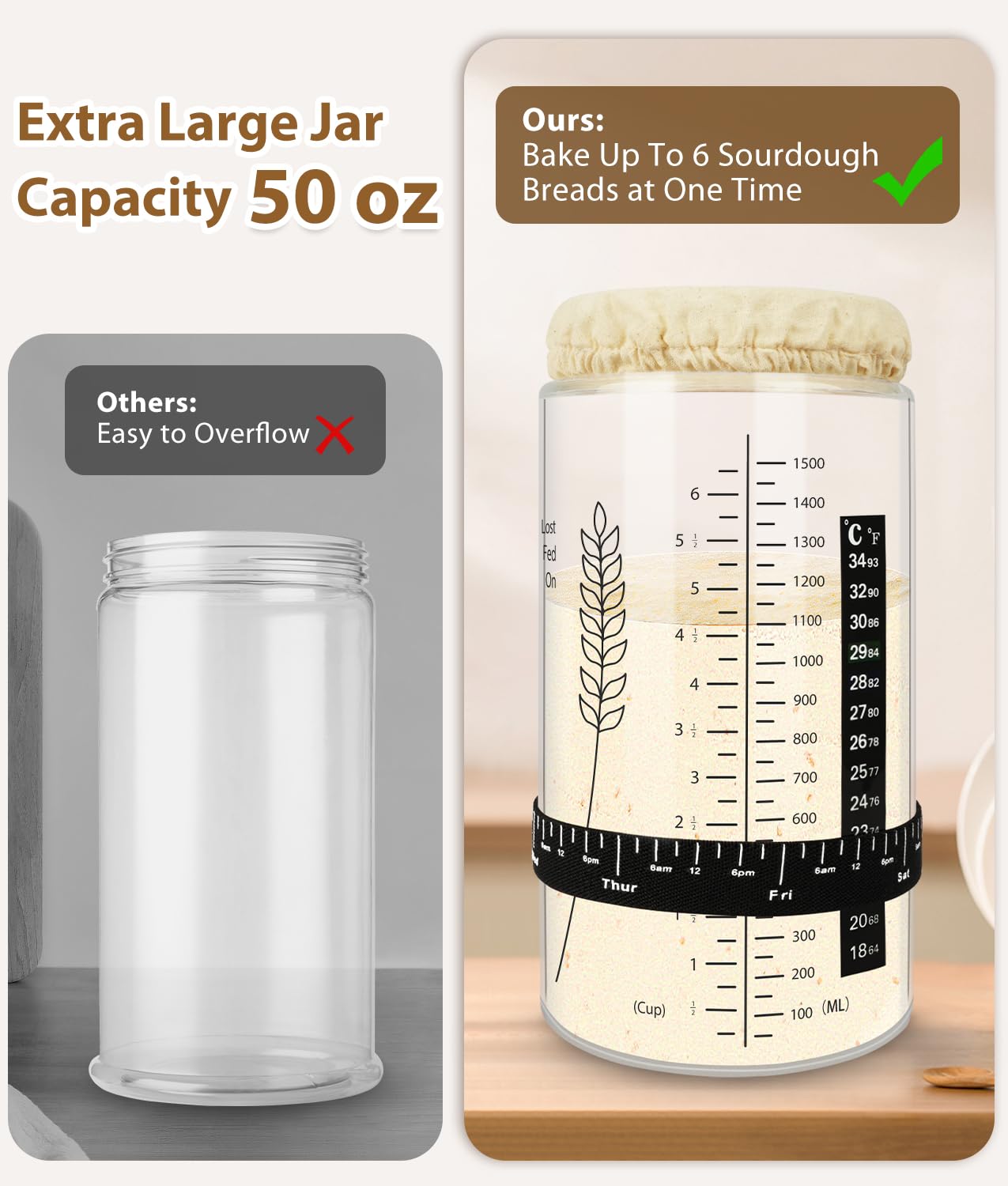 Keafont Sourdough Starter Jar Kit, 50oz Wide Mouth, Black, 1 Pack (Model: KF-GLASS-BK)