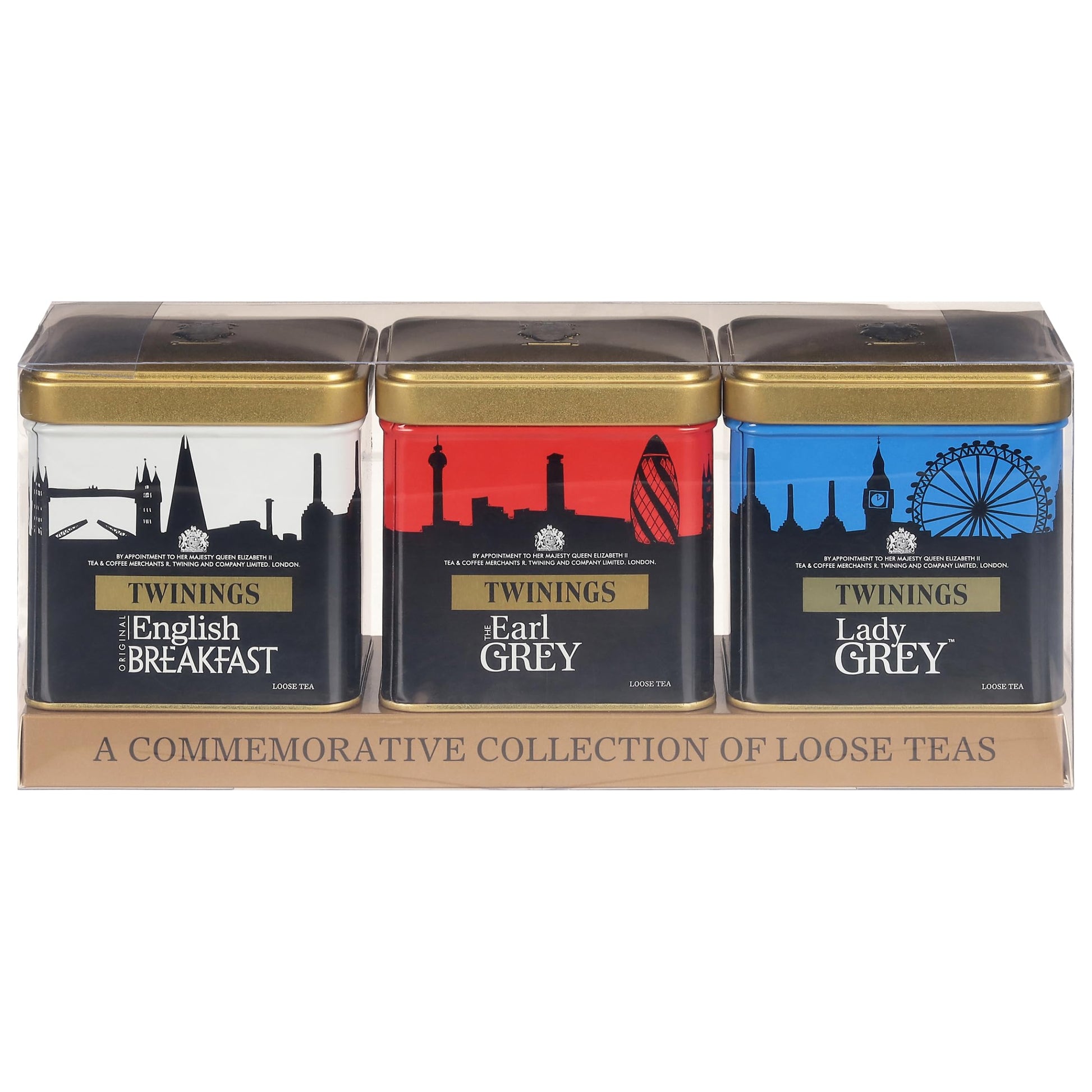 Twinings London Skyline Red, White, & Blue Commemorative Collection Of Loose Leaf Teas, Limited Edition Gift Set, 100G Tins (Pack Of 3), Original English Breakfast, The Earl Grey, & Lady Grey Tins