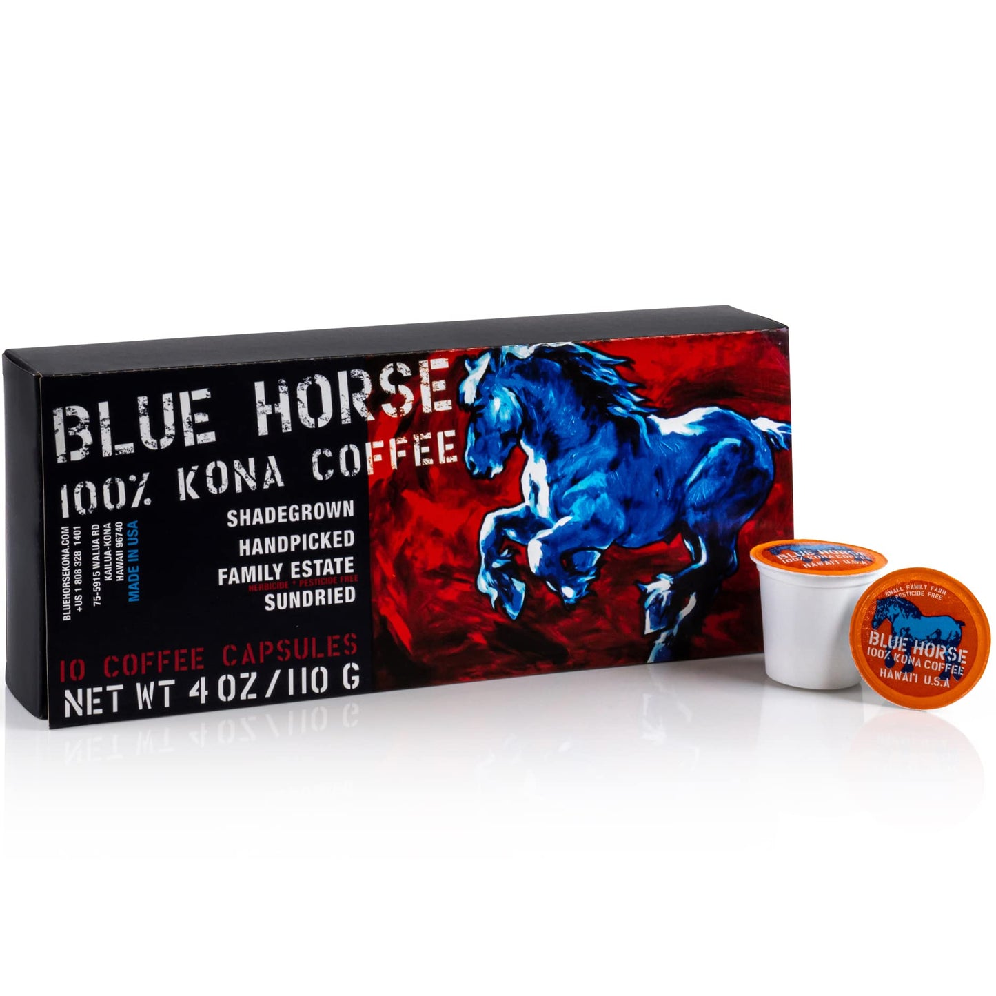 Blue Horse 100% Kona Coffee Pods, Medium Roast, 10ct Single Serve, Compatible with K Cups 2.0, Farm Fresh, Authentic Arabica Bea
