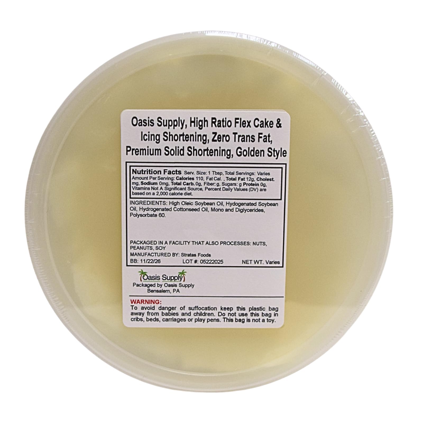 Oasis Supply  High Ratio Flex Cake & Icing Shortening  Zero Trans Fat  Top-Grade Solid Shortening  Golden Style (10 Lbs.)