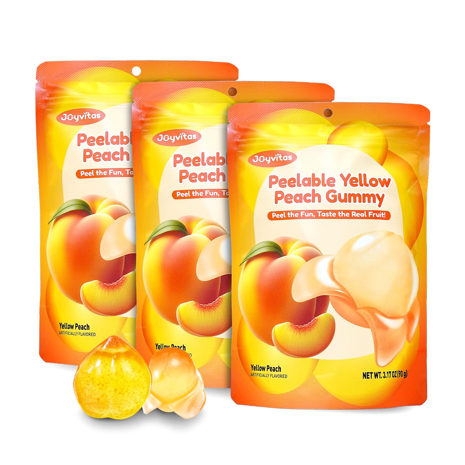 Joyvitas Peelable Gummy Yellow Peach Candy, Low Sugar & Low Calorie, 3 Pack (9.53oz) - Perfect for Stocking Stuffers & Gifts