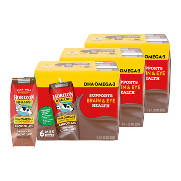 Horizon Organic Shelf Stable 1% Lowfat DHA Omega-3 Chocolate Milk Boxes, 8 fl oz, 6 Count (Pack of 3), USDA Organic UHT from Pas