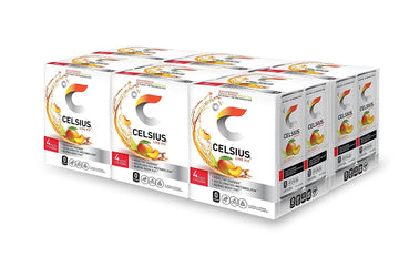 CELSIUS Peach Mango Green Tea Energy Drink, 12 Fl Oz, Pack of 24, Clear, Model FGSS6405