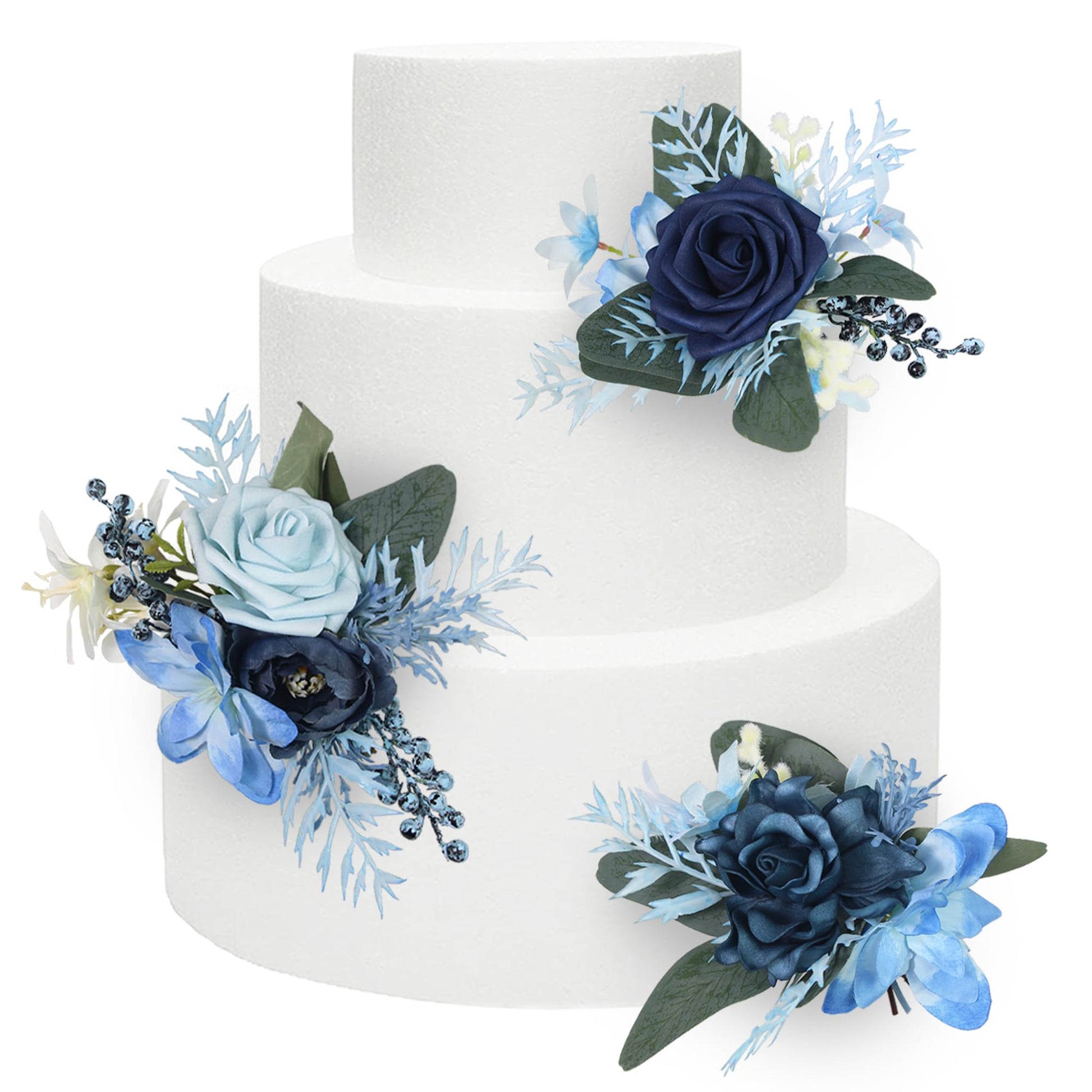 Rinlong 3Pcs Pre-Made Cake Flowers Navy Blue Cake Decorations Wedding Cake Decorating Flowers Decor Birthday Baptism Party Artificial Flowers Cake Toppers