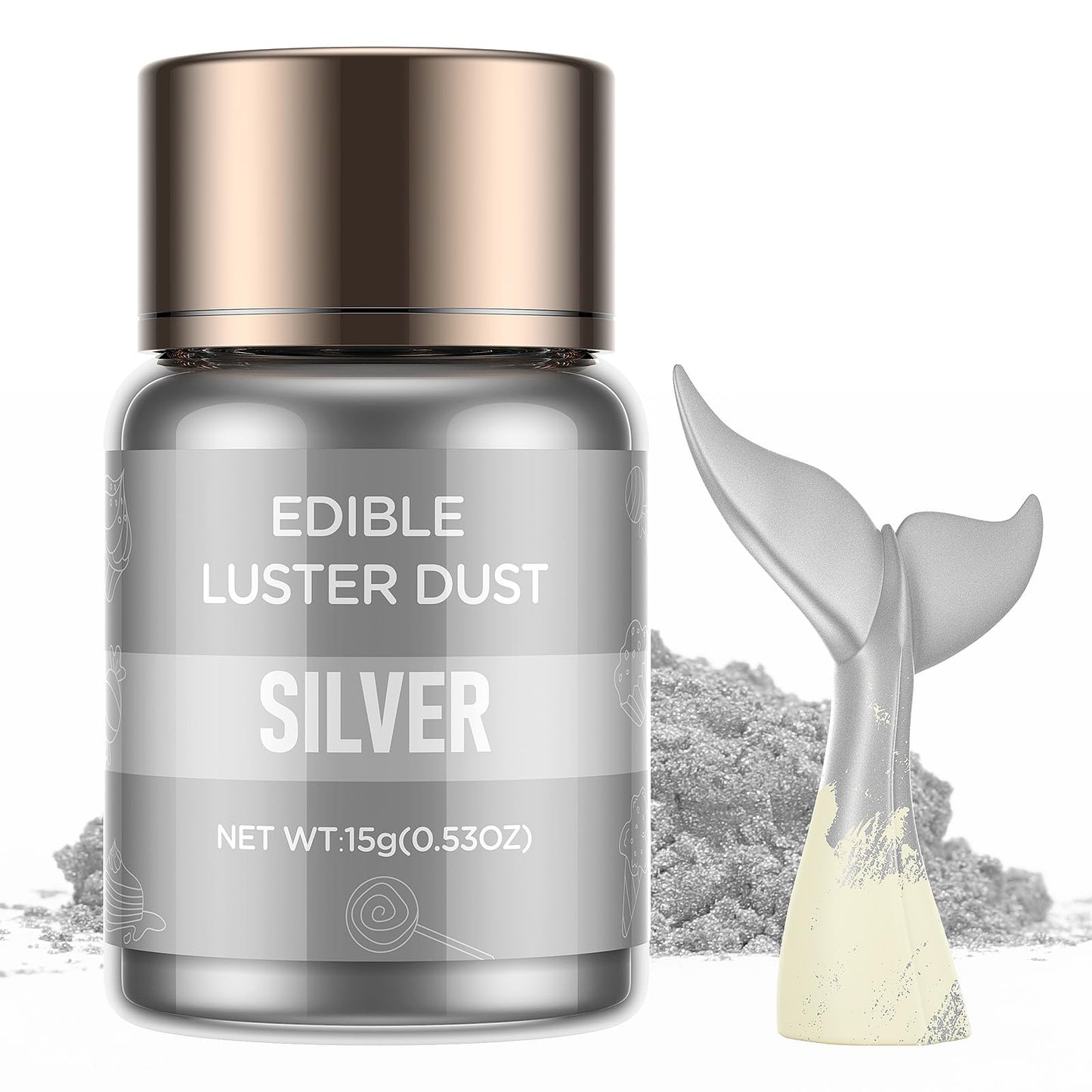 Cherrysea Luster Dust Edible Shimmer Powder, 15g Bottle, Food Grade Coloring for Cakes, Cookies, Fondant, Silver