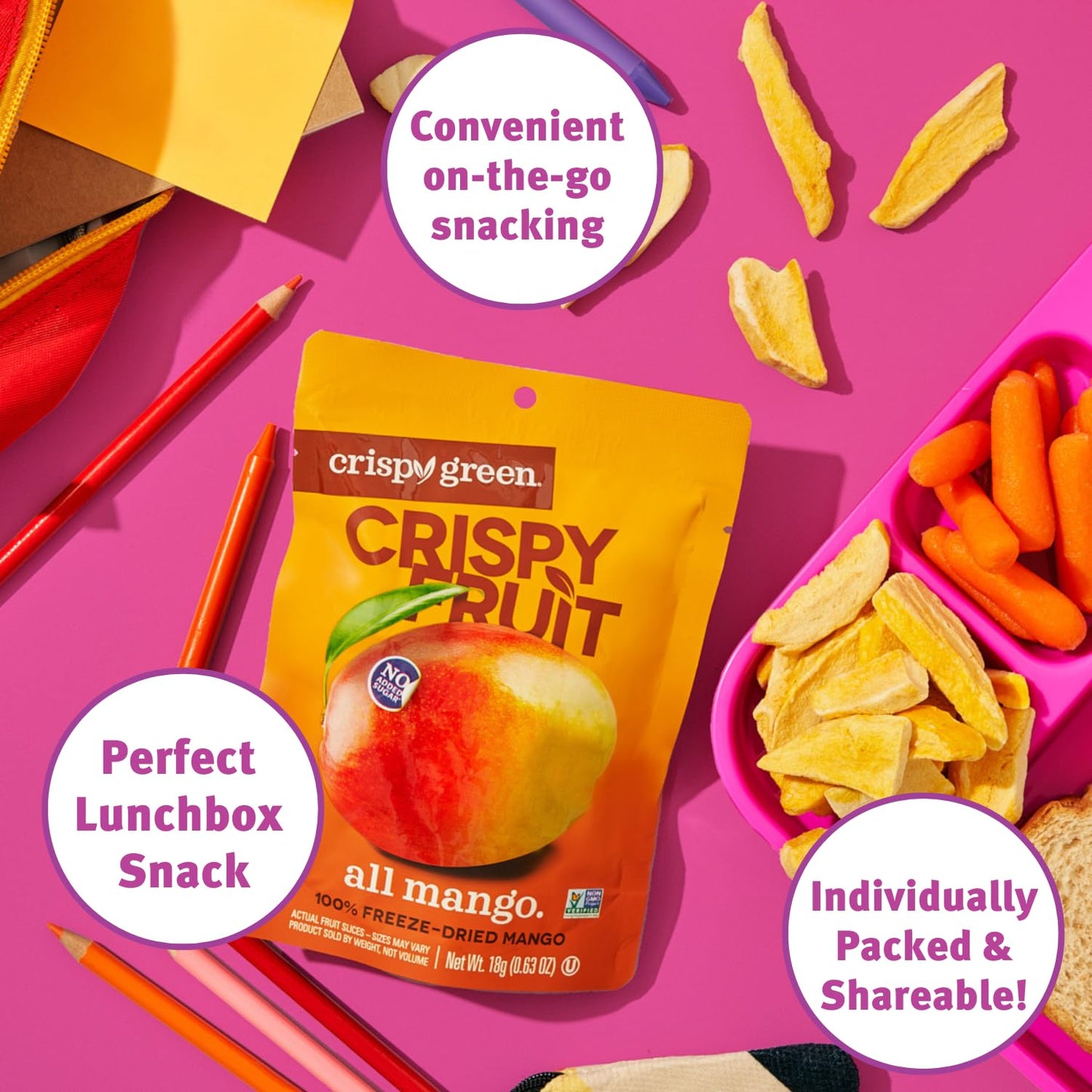 Crispy Green Freeze-Dried Mango Fruit Snacks, No Sugar Added, 0.63 Ounce (Pack of 12)