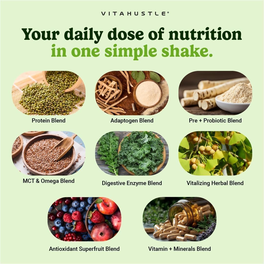 VitaHustle All-in-One Nutrition Shake  Blueberry Cobbler - Plant Based Protein Powder by Kevin Hart - Vegan Meal Replacement Shake with KSM66 Ashwagandha & 86+ Superfoods - Organic Meal Replacement Powder