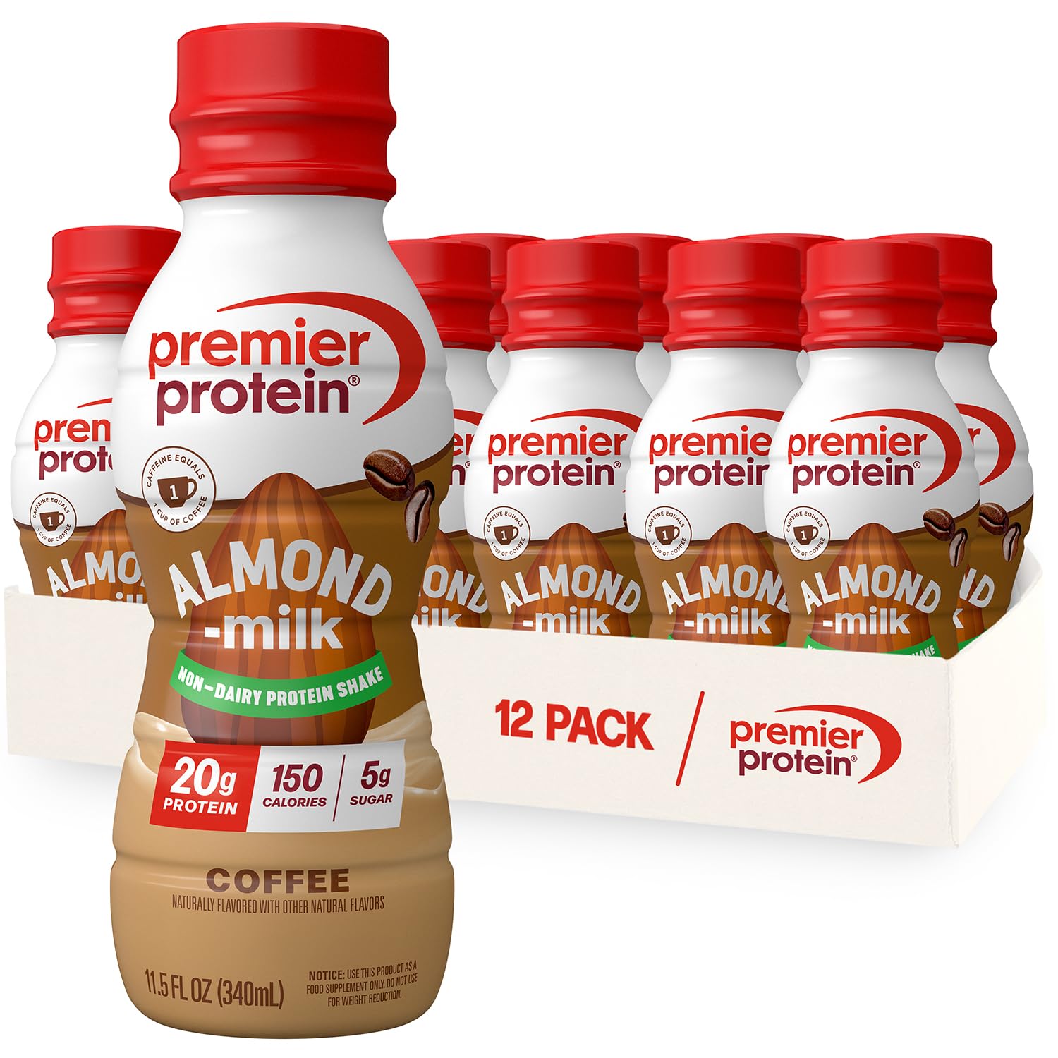 Premier Protein Almondmilk Plant Based Protein Shake  20g Protein  5g Sugar  11.5 Fl oz  Coffee  12 Count