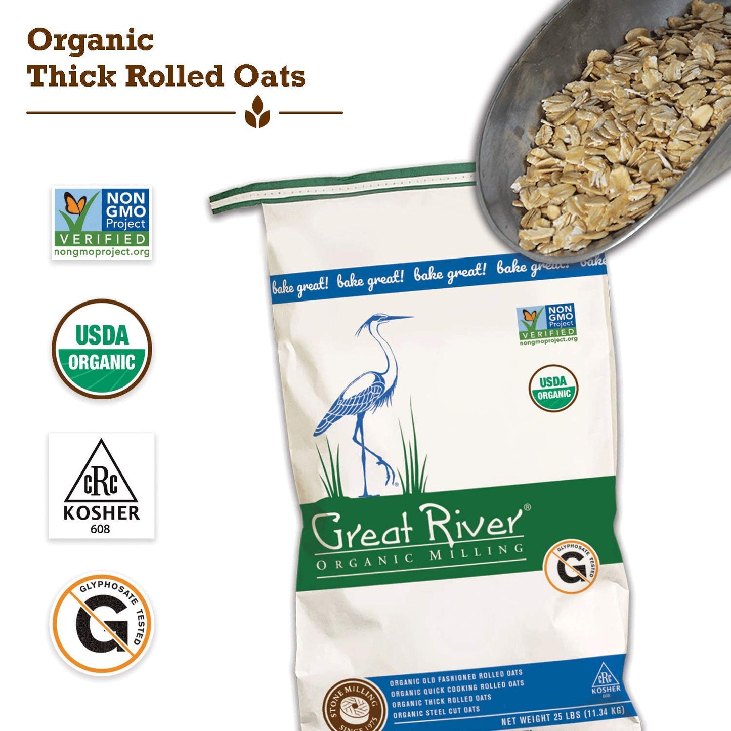 Great River Organic Milling Organic Extra Thick Rolled Oats | Whole Grain, Non-GMO, Kosher Certified | Hearty Texture for Oatmea
