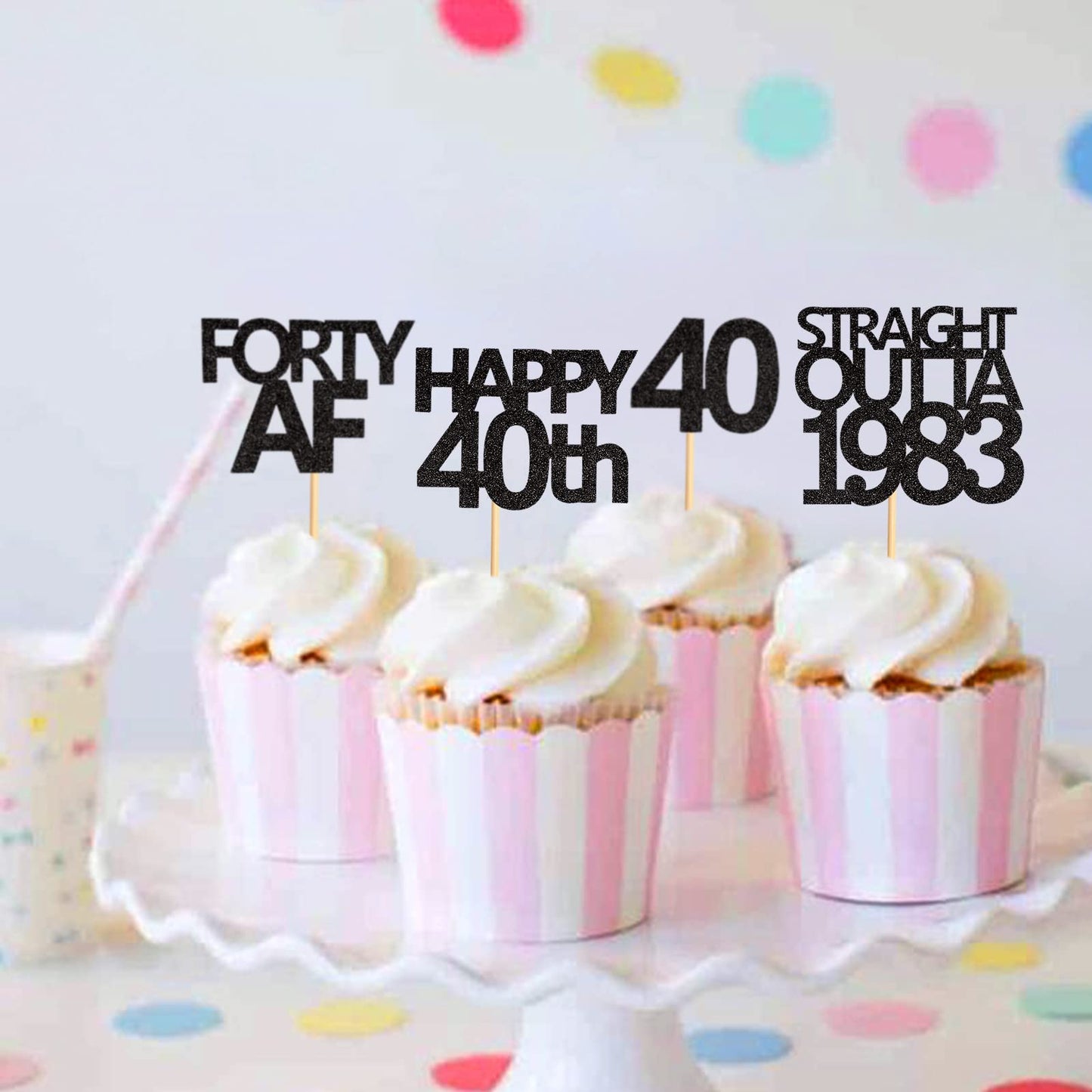 Keaziu 48 Pack Black 40Th Birthday Cupcake Toppers Straight Outta 1983 Cupcake Toppers Happy 40Th Cupcake Toppers Forty Af Cupca