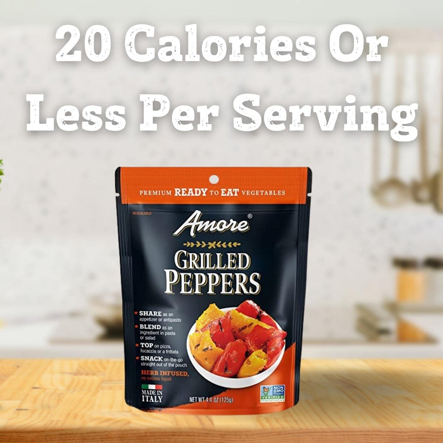 Amore Vegan Bell Peppers - Non Gmo Certified Ready-To-Eat Herb Infused Vegetables In Resealable Bags 4.4Oz (Pack Of 10)