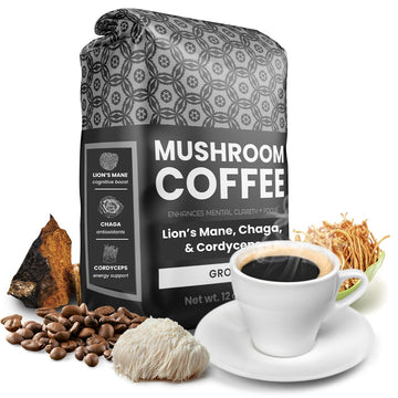 Moontower Organic Medium Roast Mushroom Coffee - Organic Lions Mane, Chaga, And Cordyceps Mushrooms, Mushroom Blend, Bold, And S