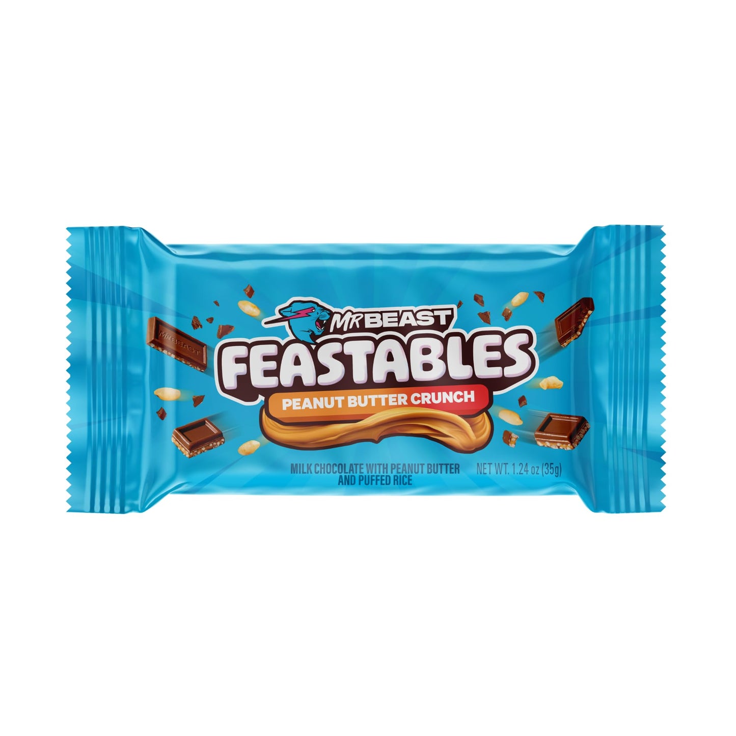Feastables Peanut Butter Milk Chocolate Crunch Chocolate Bar, 1.24 oz (35g), 24 count