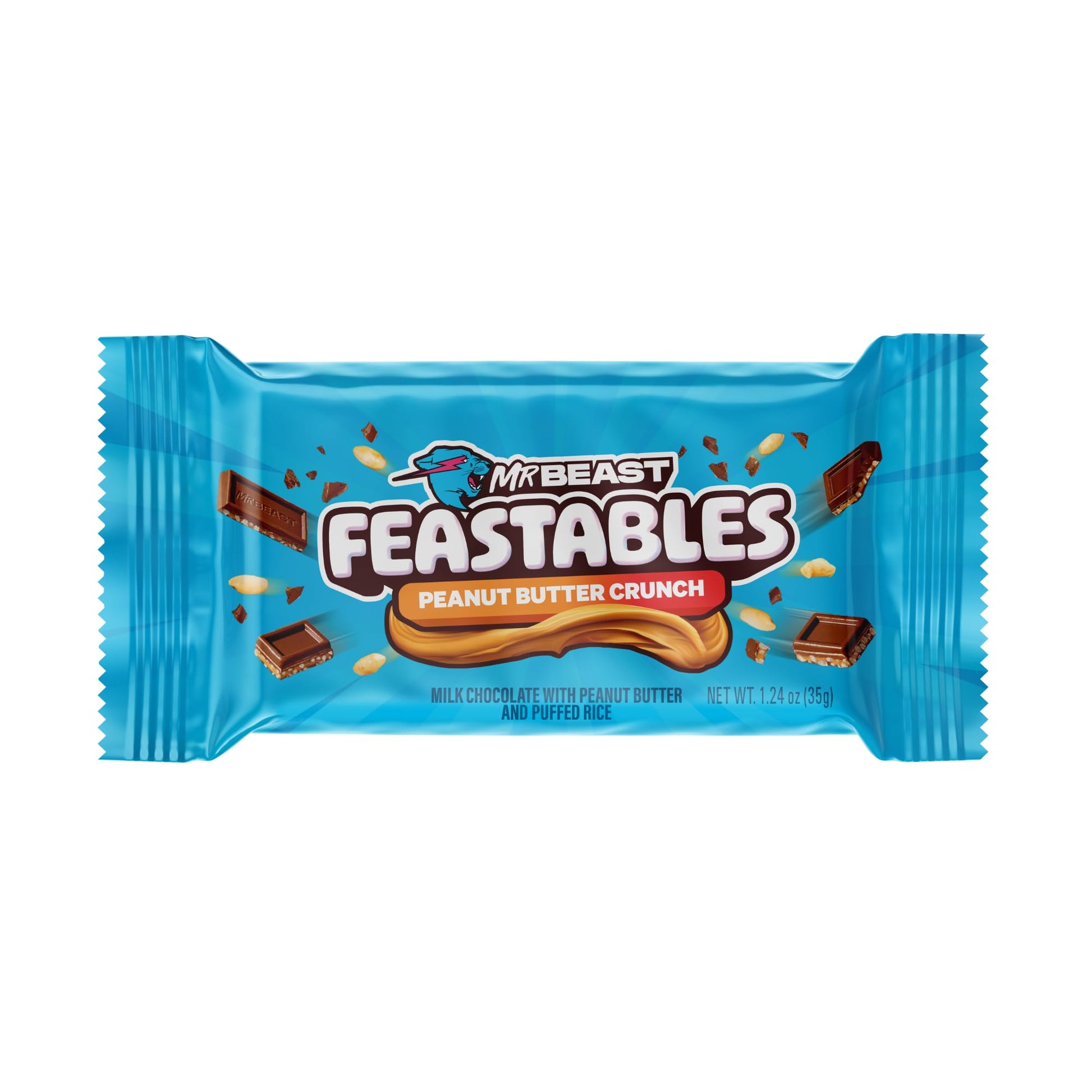 Feastables Peanut Butter Milk Chocolate Crunch Chocolate Bar, 1.24 oz (35g), 24 count