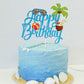 LINGBOOM Blue Glitter Summer Beach Coconut Happy Birthday Cake Topper for Pool Party Decoration and Summer Holiday Celebrations