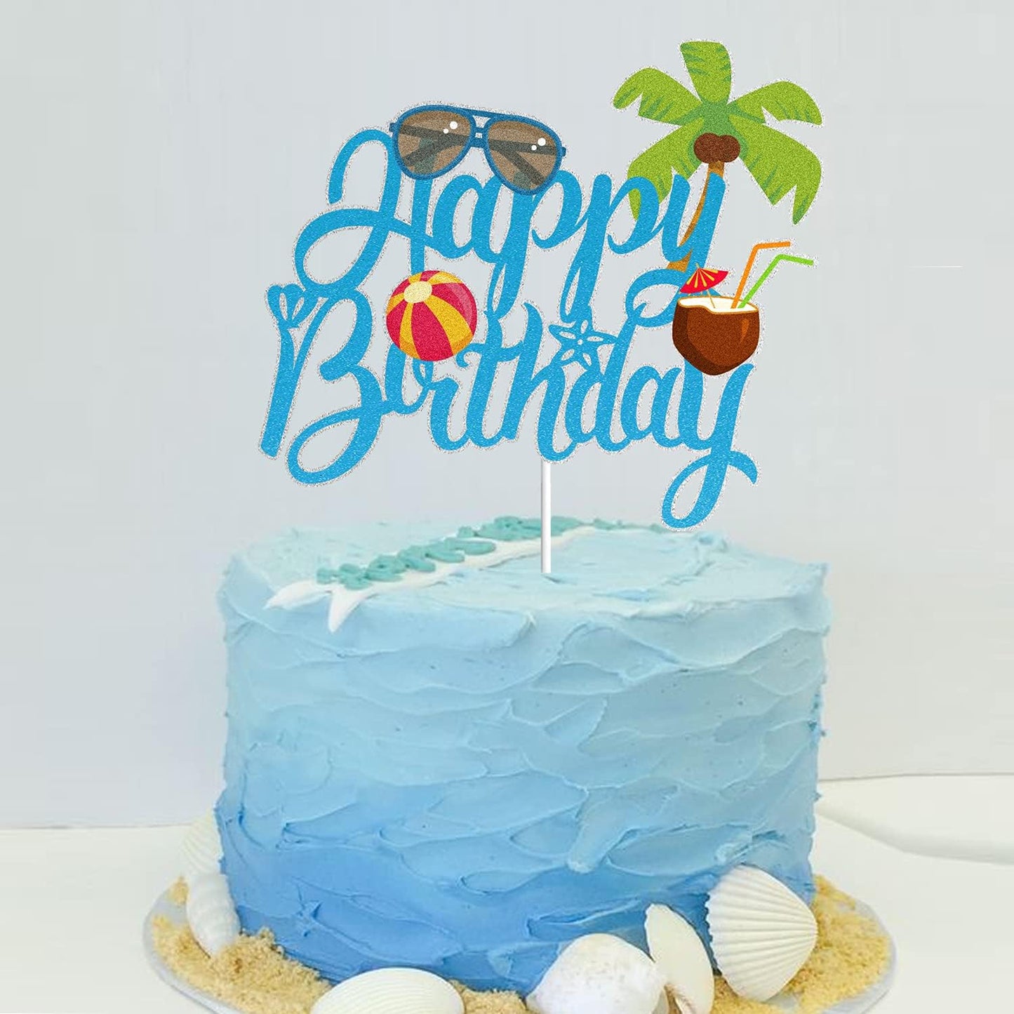 LINGBOOM Blue Glitter Summer Beach Coconut Happy Birthday Cake Topper for Pool Party Decoration and Summer Holiday Celebrations