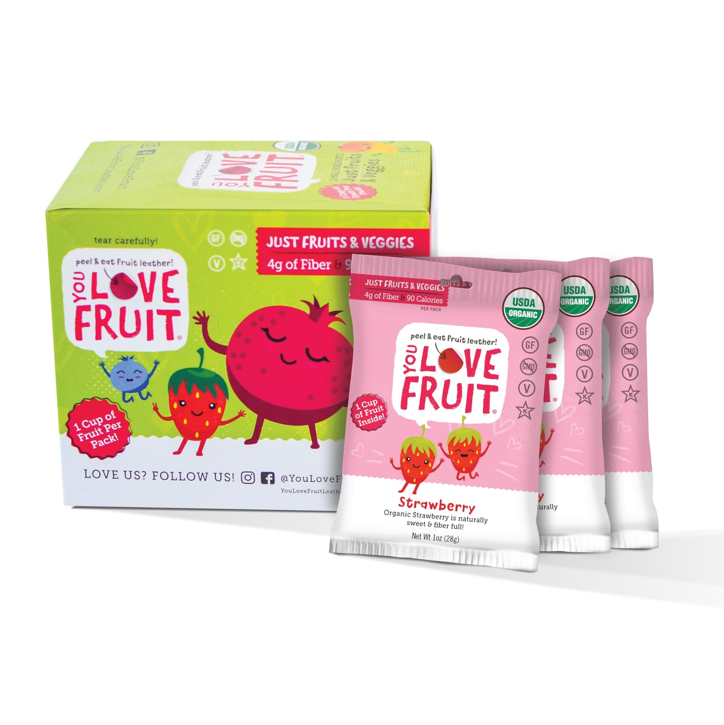 You Love Fruit - Strawberry All Natural Fruit Snacks  Healthy Snack Pack  Real Fruit! Gluten Free  Non Gmo  Vegan  Fiber Packed  Low Fat  Kosher  Variety Pack  Great For Adding To Gift Box  1.0 Oz (Pack Of 12)