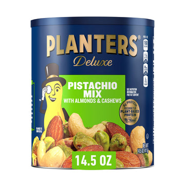PLANTERS Deluxe Pistachio Mix, Party Snacks, Plant-Based Protein, 14.5 Oz Canister