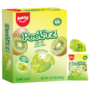 AMOS Peelerz Kiwi Gummy Candy, Peelable Fruit-Inspired Candy, 8.47oz Box with 10 Individual Packs - Playful Kiwi Snack with Chia