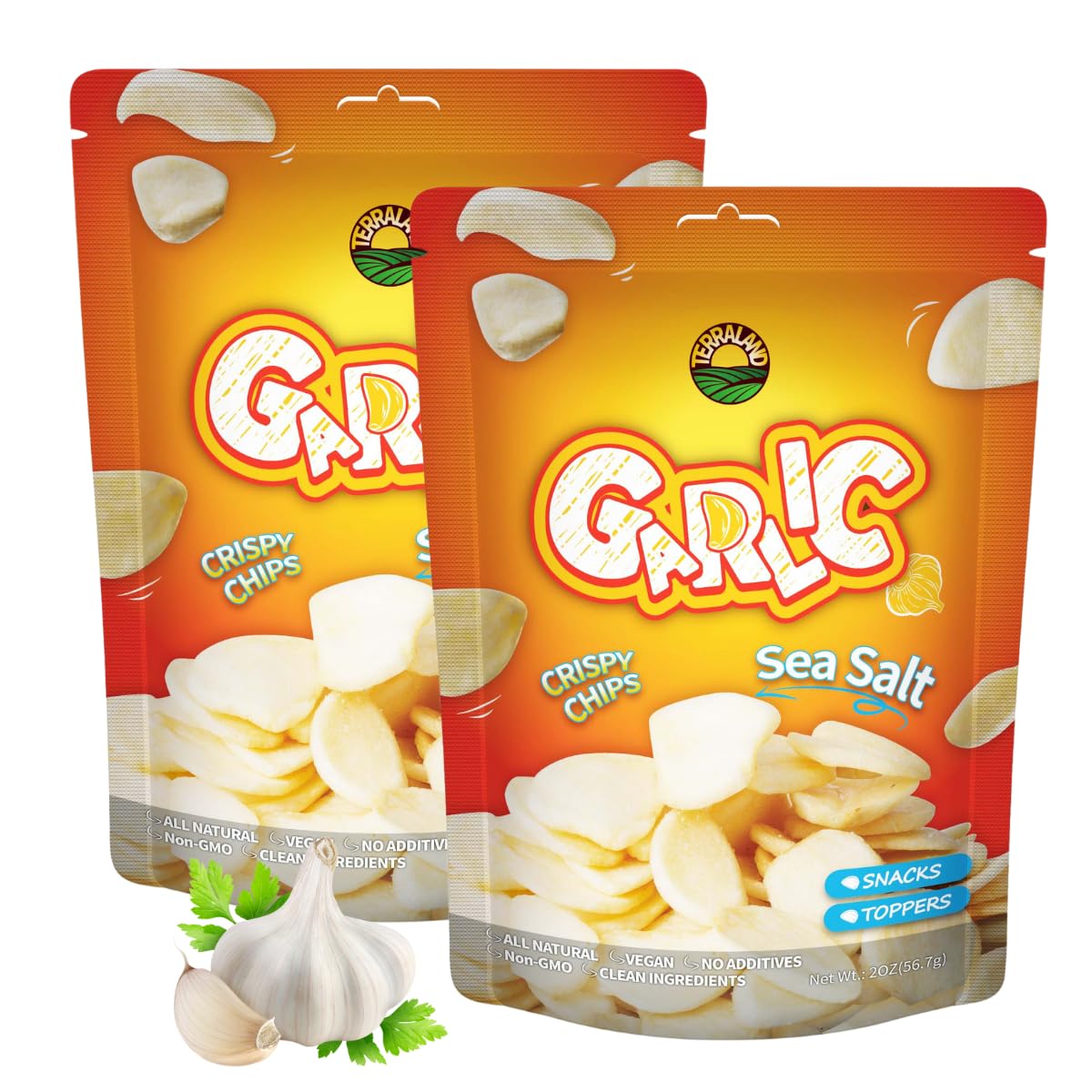 Terraland Garlic Crispy Chips -Sea Salt, Crispy & Crunch, Idea for Snacking or Pairing with Steak and Dips 2oz Bag - Pack of 2