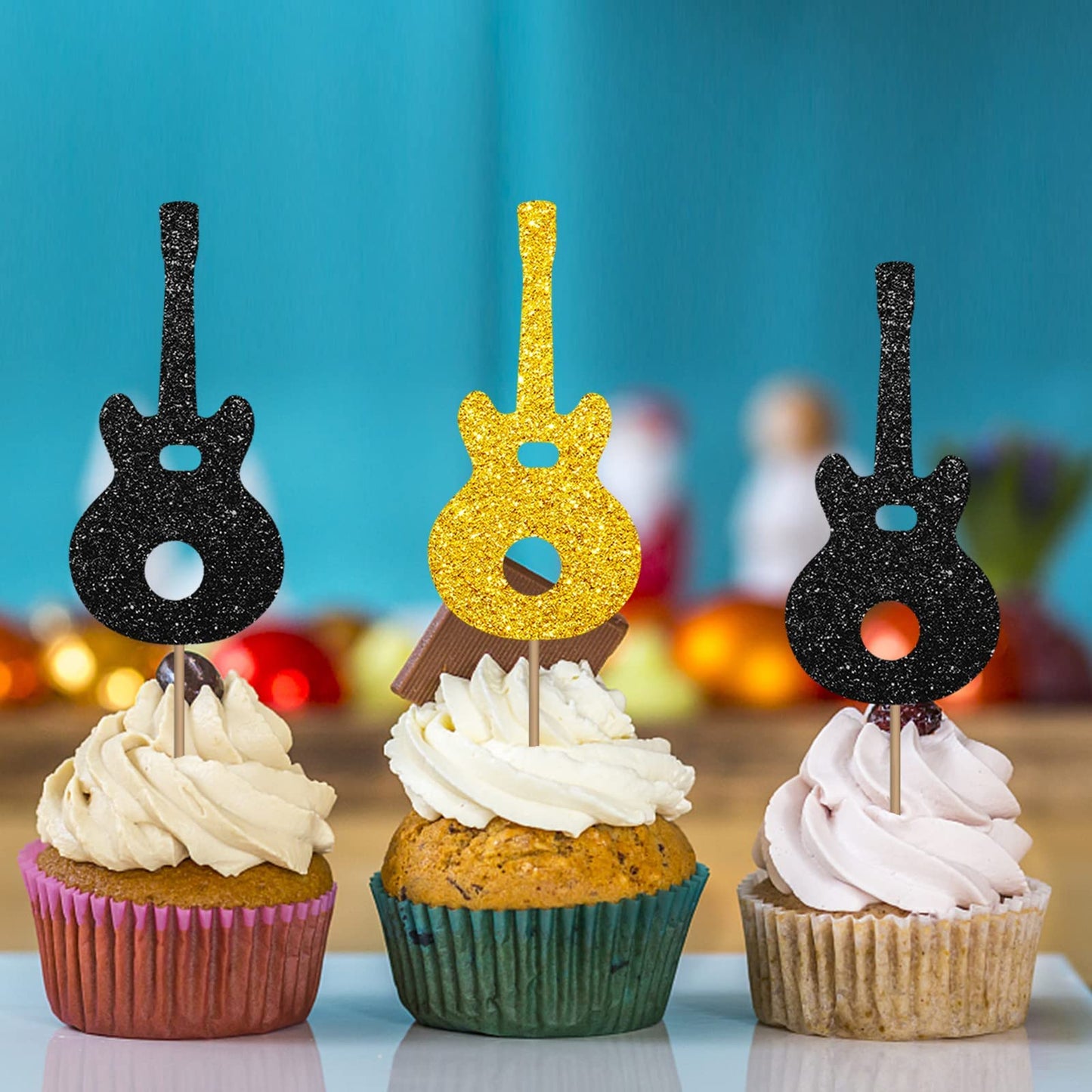 24Pcs Guitar Cupcake Toppers, Rock Cupcake Topper For Boys, Music Notes Food Picks, Guitar Player Birthday Party Decoration - Bl