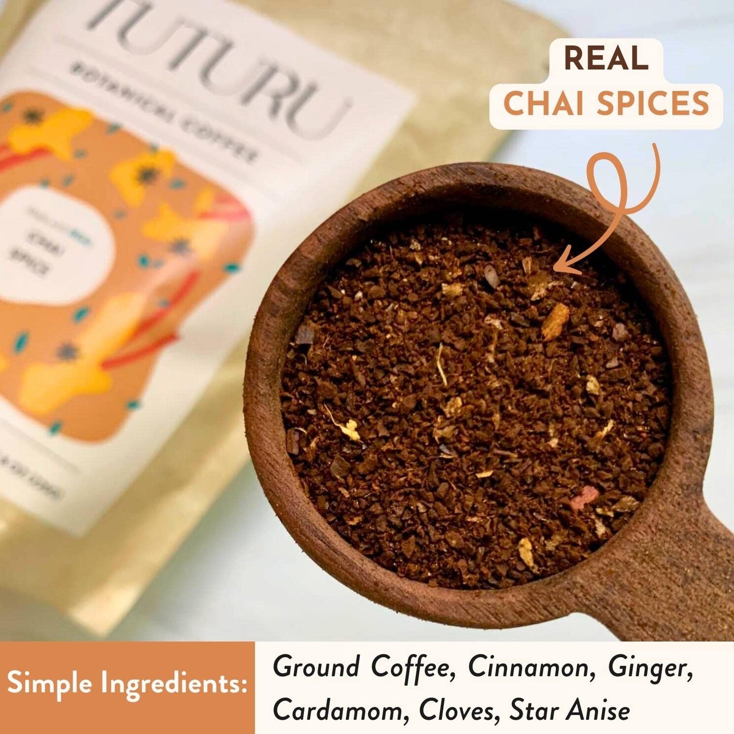 TUTURU Botanical Coffee Organic Dirty Chai Ground Coffee - Medium Roast - 8 oz, 22 Servings