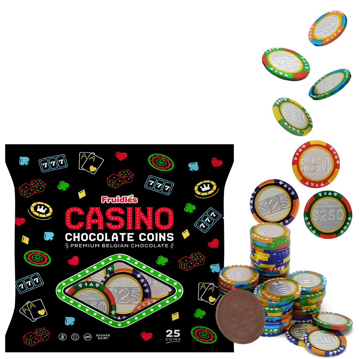 Fruidles Casino Poker Chips - Belgian Milk Chocolate Coins, Kosher Certified, Non-GMO, 25-Pack