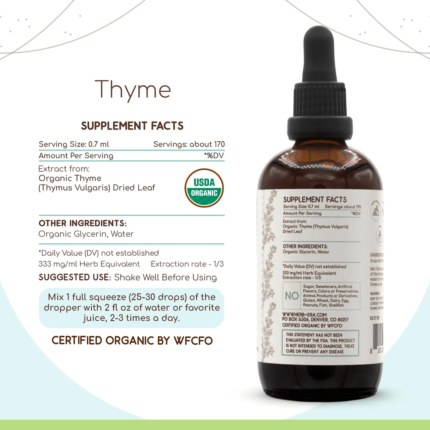 HerbEra Thyme Tincture - Organic High-Potency Herbal Drops,   -Free, 4 Fl Oz
