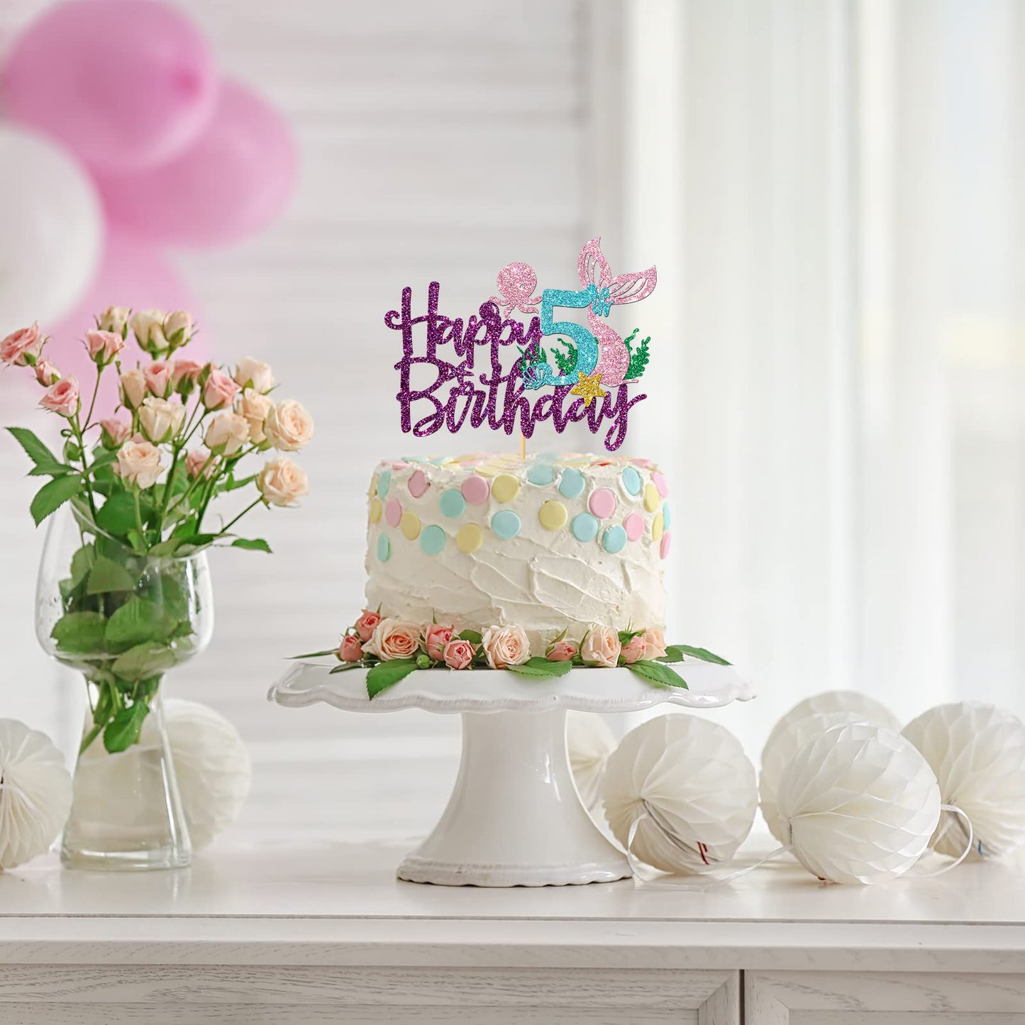 Roadsea Mermaid Happy 5Th Brithday Cake Topper - Under The Sea Theme Girl Kid Five Birthday Cake Supplies/Ocean World 5Th Mermai