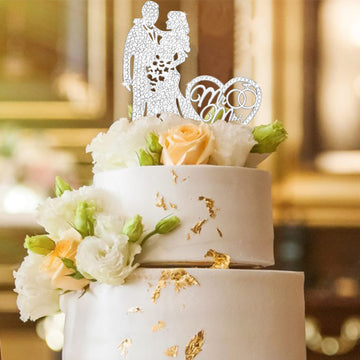 Jaciya Mr & Mrs Cake Topper - Bride & Groom Rhinestone Silver Metal Wedding Cake Decorations