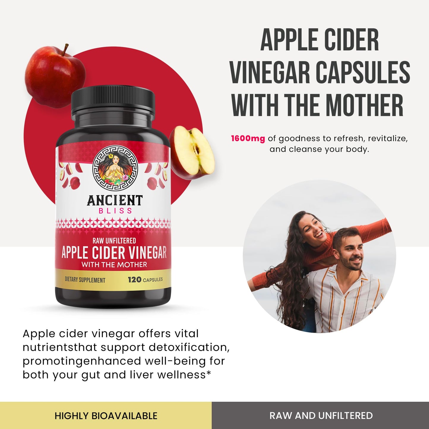 Ancient Bliss Apple Cider Vinegar Organic Capsules with The Mother  Helps Improve Digestion  Unfiltered Vinegar Capsules  1600MG (120 Capsules)