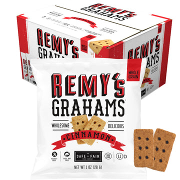 Safe + Fair Remys Cinnamon Grahams 24ct - Wholesome Healthy Snacks - Bite-Sized Whole Grain Treats - Single-Serve Pouches for S