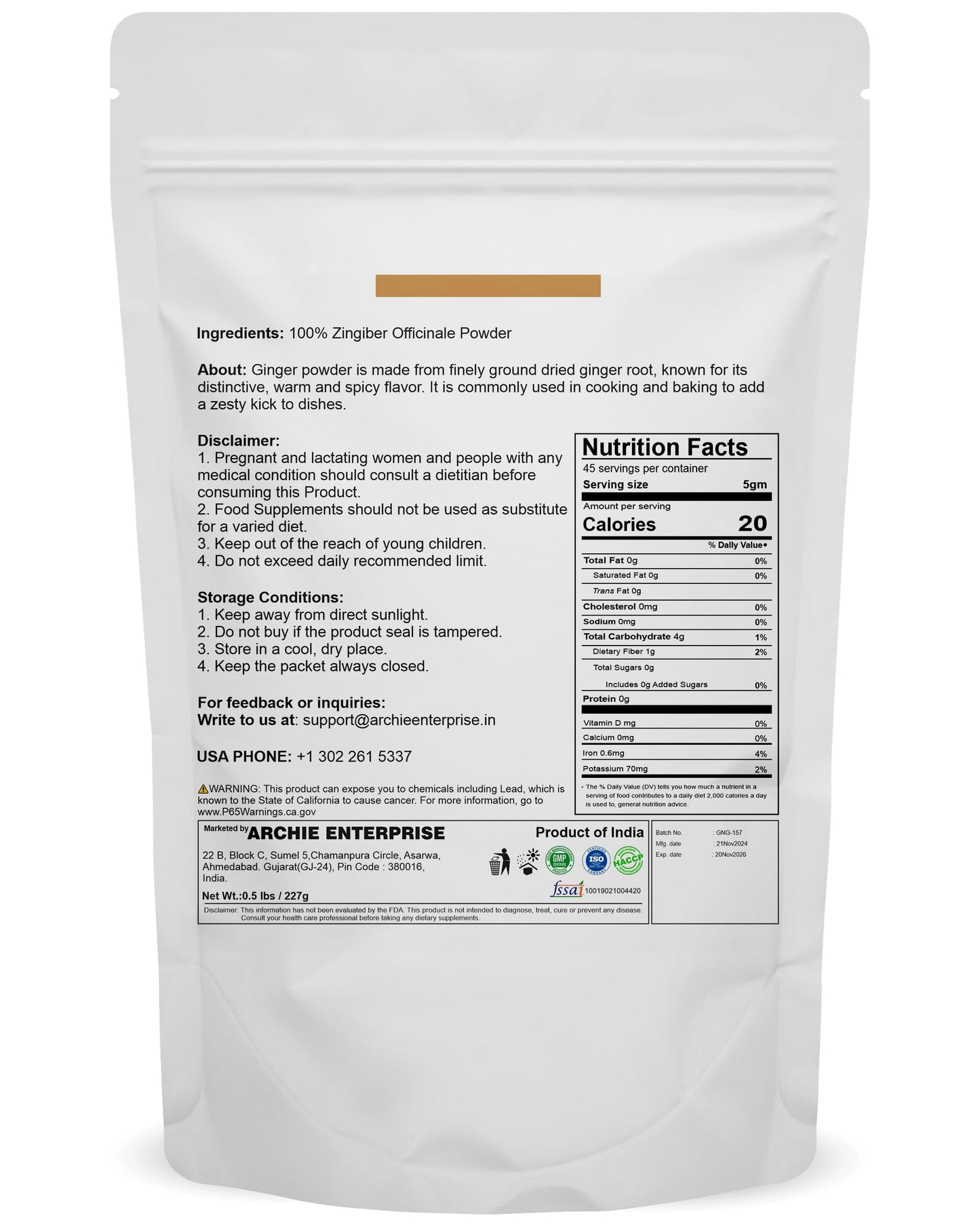 Mganna 100% Natural Ginger Powder As A Spice In Food Recepies, Salads And Skin Care 227 Gms / 0.5 Lbs